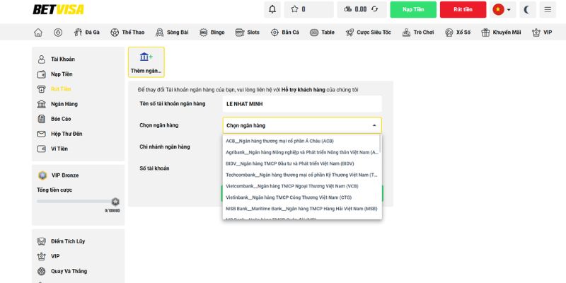 Nhập thông tin rút tiền Betvisa theo yêu cầu 
